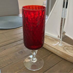 Vintage Italian Empoli Style Red Optic Swirl Vase Clear Footed Bottom  10”